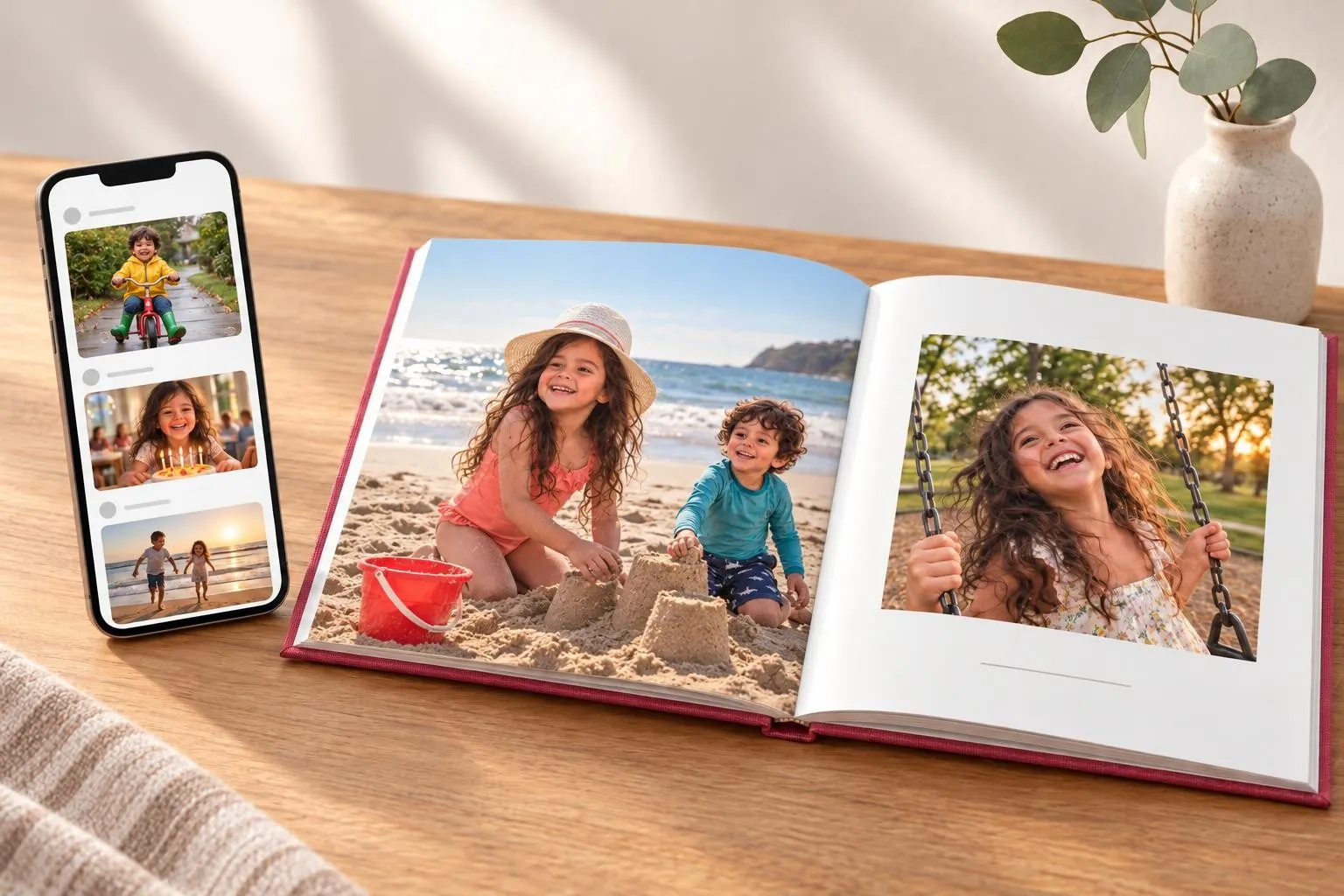 The Momora app's family timeline on a phone beside the printed photo book, open to beach and swing photos