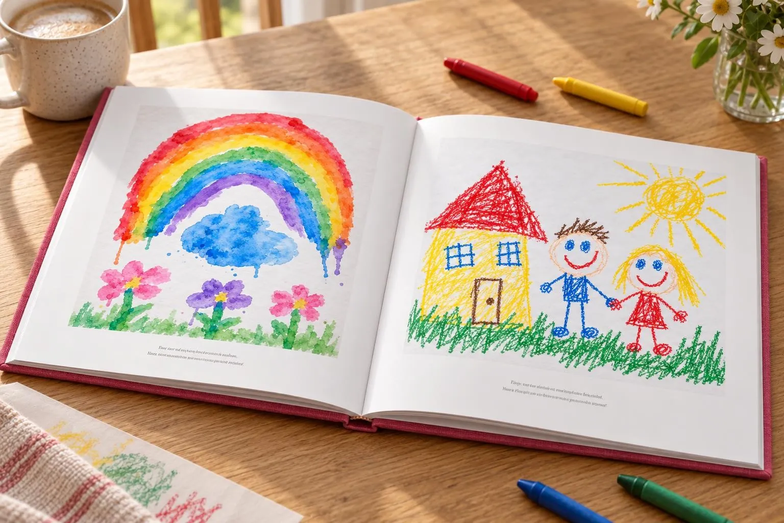 An open Momora book with Maya's rainbow and house drawings printed on the pages, crayons on the table