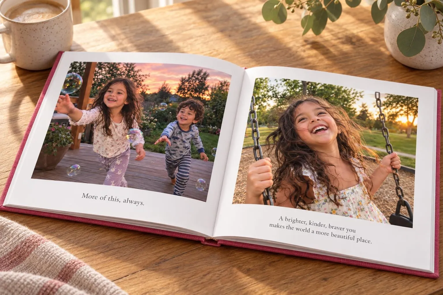 A printed lay-flat photo book open on a table, showing photos of the kids with captions