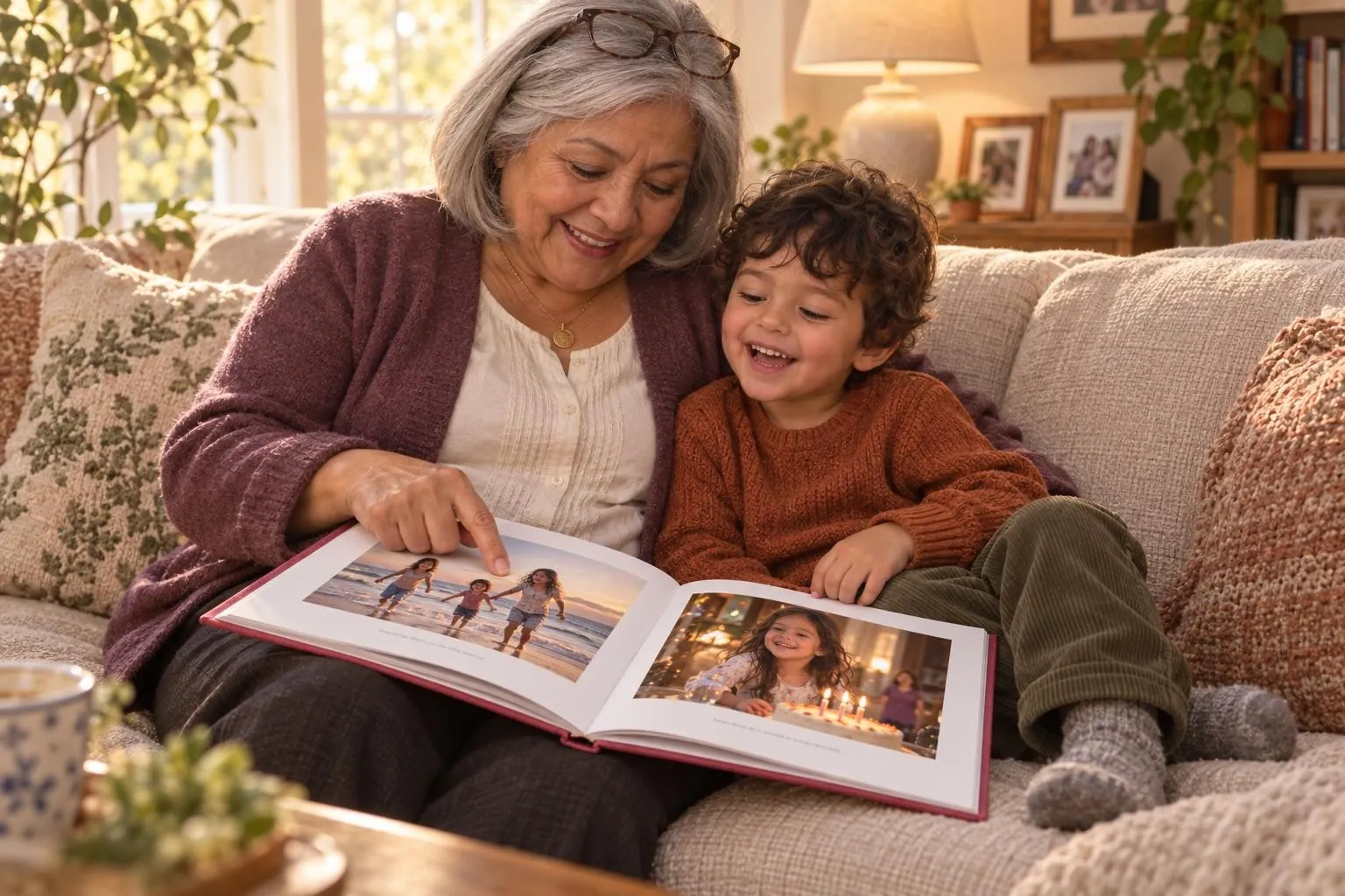Grandma Rosa and Theo laughing over an open Momora family photo book on the sofa