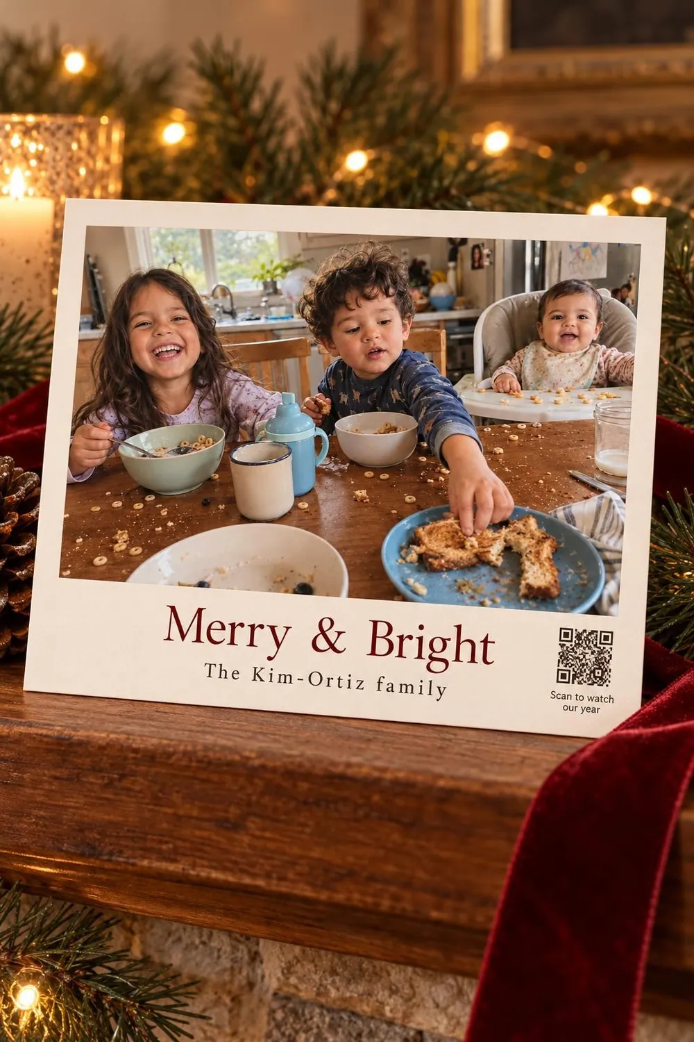 A printed holiday card with a photo of the three children at breakfast and a QR code