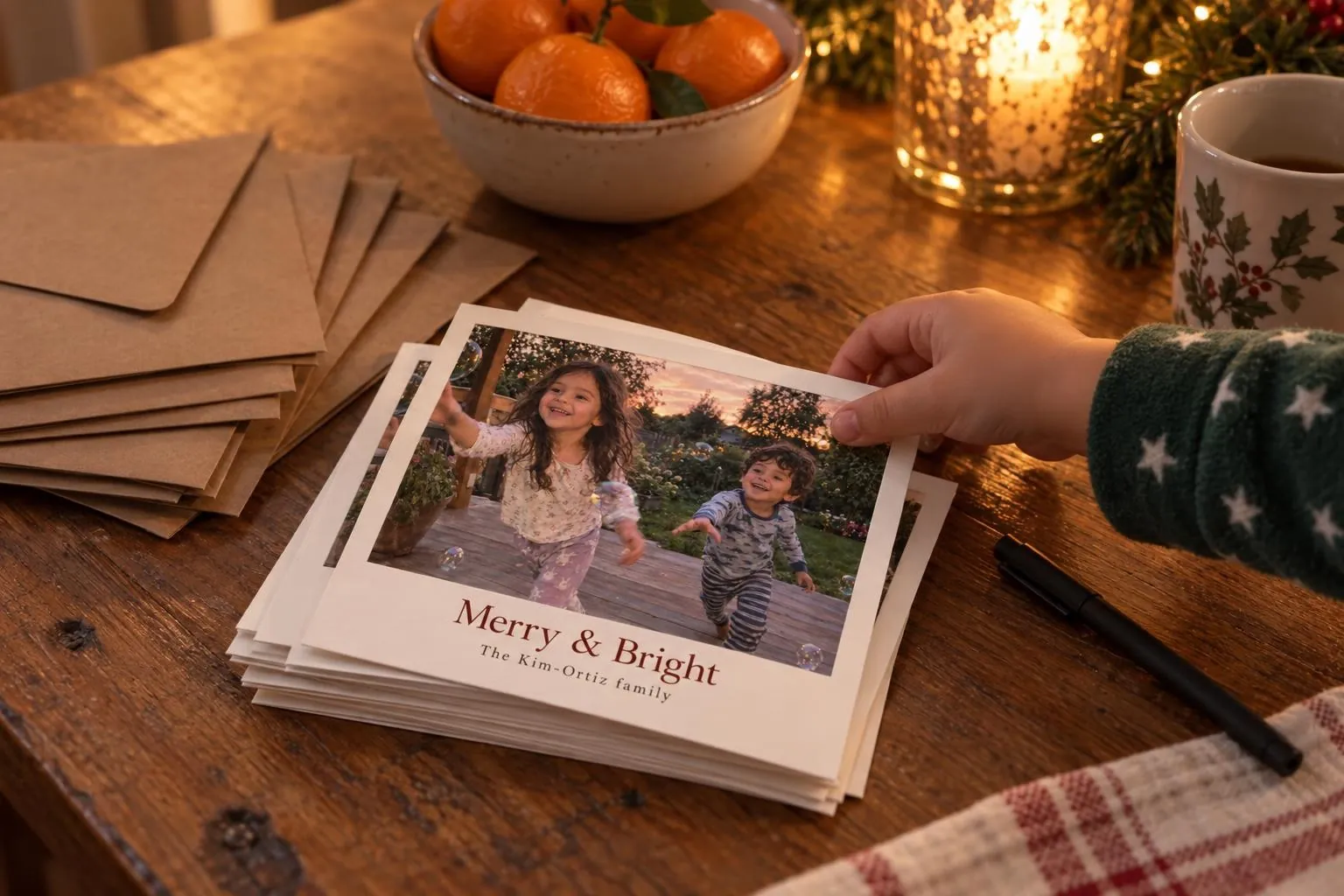 A stack of Momora holiday cards with kraft envelopes on the kitchen table as Theo reaches for the top card