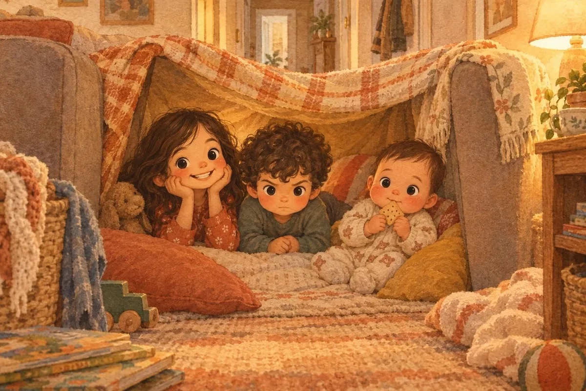 Illustration of Maya, Theo and Ari in a blanket fort