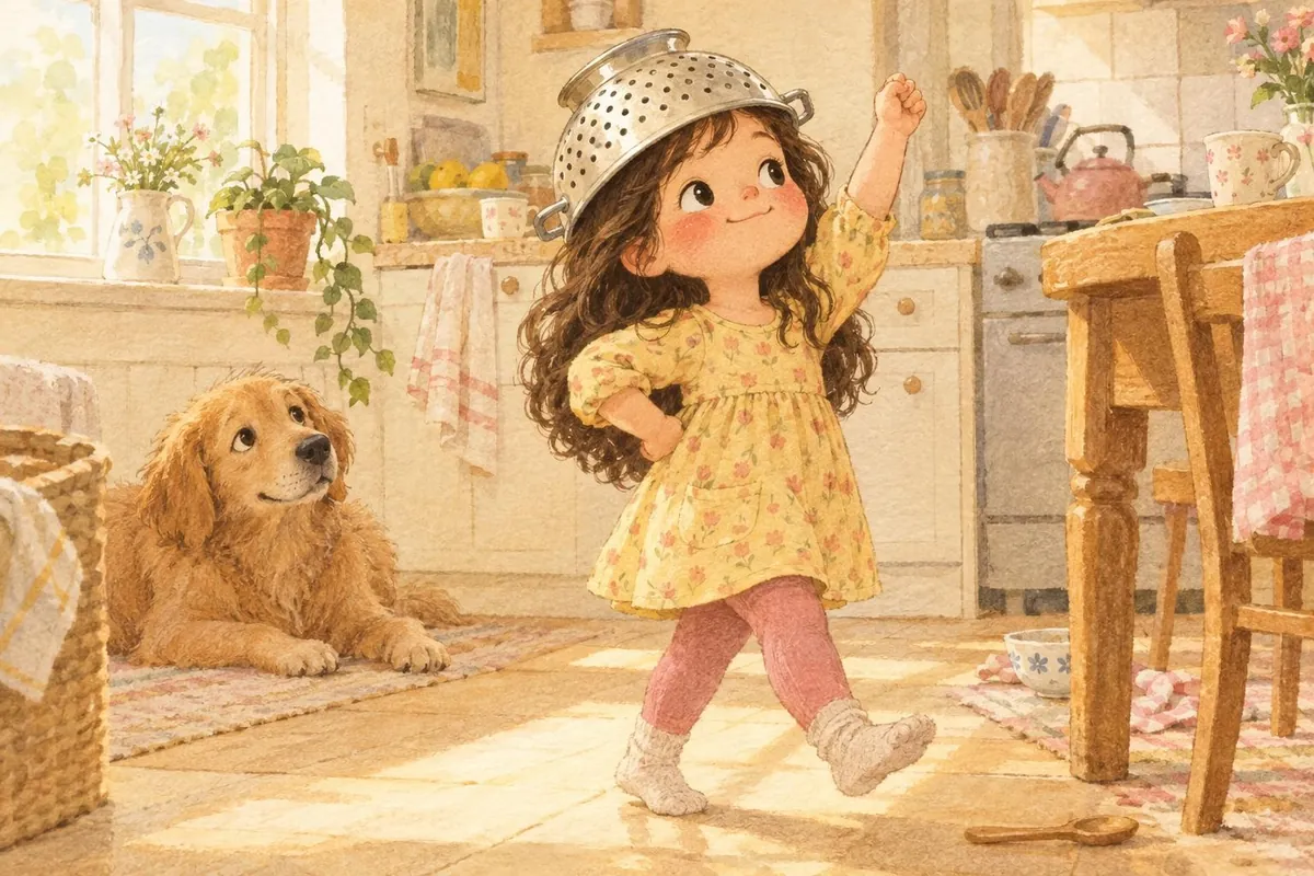 Illustration of Maya dancing in the kitchen with a colander on her head while the dog watches