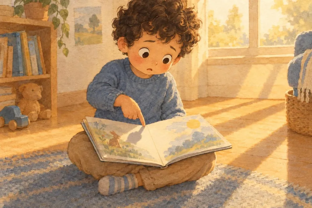 Illustration of Theo on the floor in the sun, pointing at a shadow on his picture book