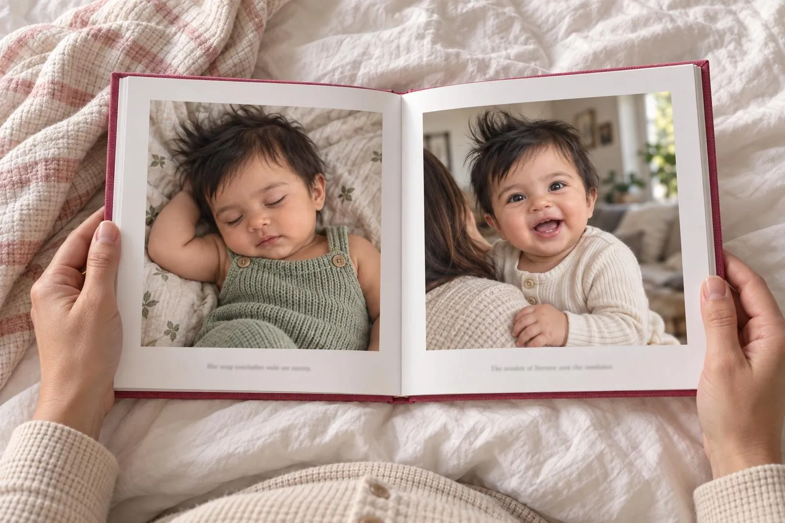 A parent's hands holding open a Momora baby book on the bed, with photos of baby Ari asleep and laughing
