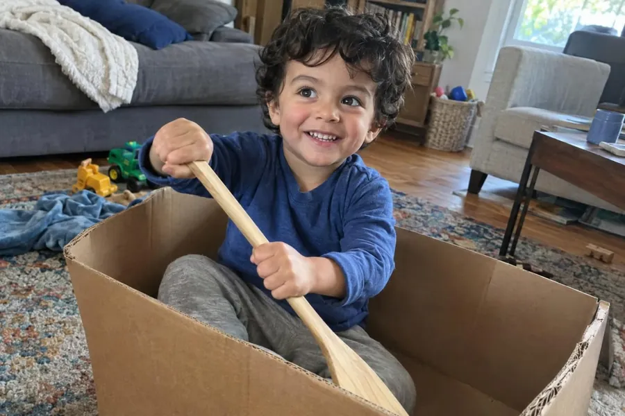 Theo rowing a cardboard-box boat with a wooden spoon
