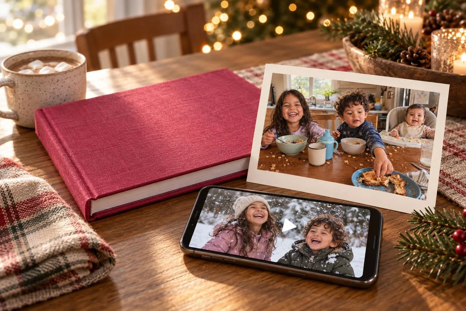 The year-end set on a December table: the Momora book, a holiday card and a phone playing the family film