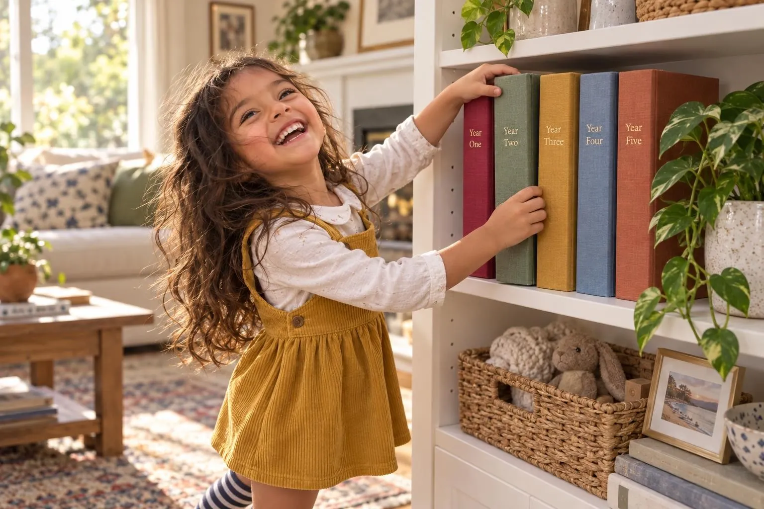 Maya reaching for one of five Momora yearbooks, Year One to Year Five, on the living room shelf